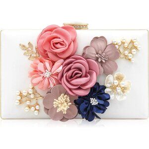 Women's White Flower Metal Leaves Evening Bride Wedding Floral Clutch Bag